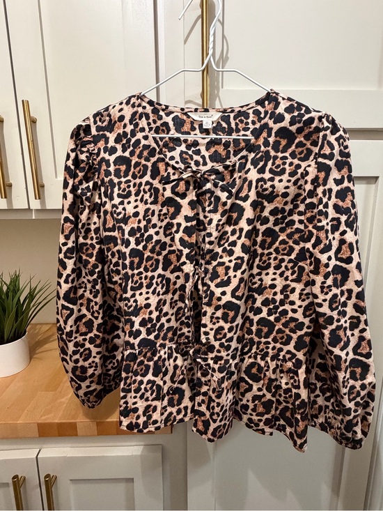 Sim & Sam Tops - Leopard Print Tie-Neck Peplum Blouse - Brown & Black
